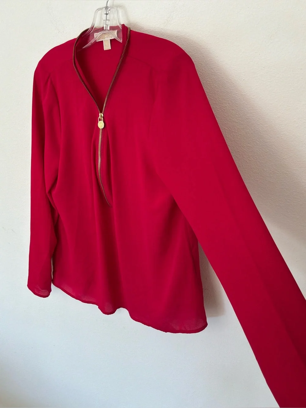 Michael Michael Kors Women’s Large Red Gold Zip Long Sleeve Blouse Top